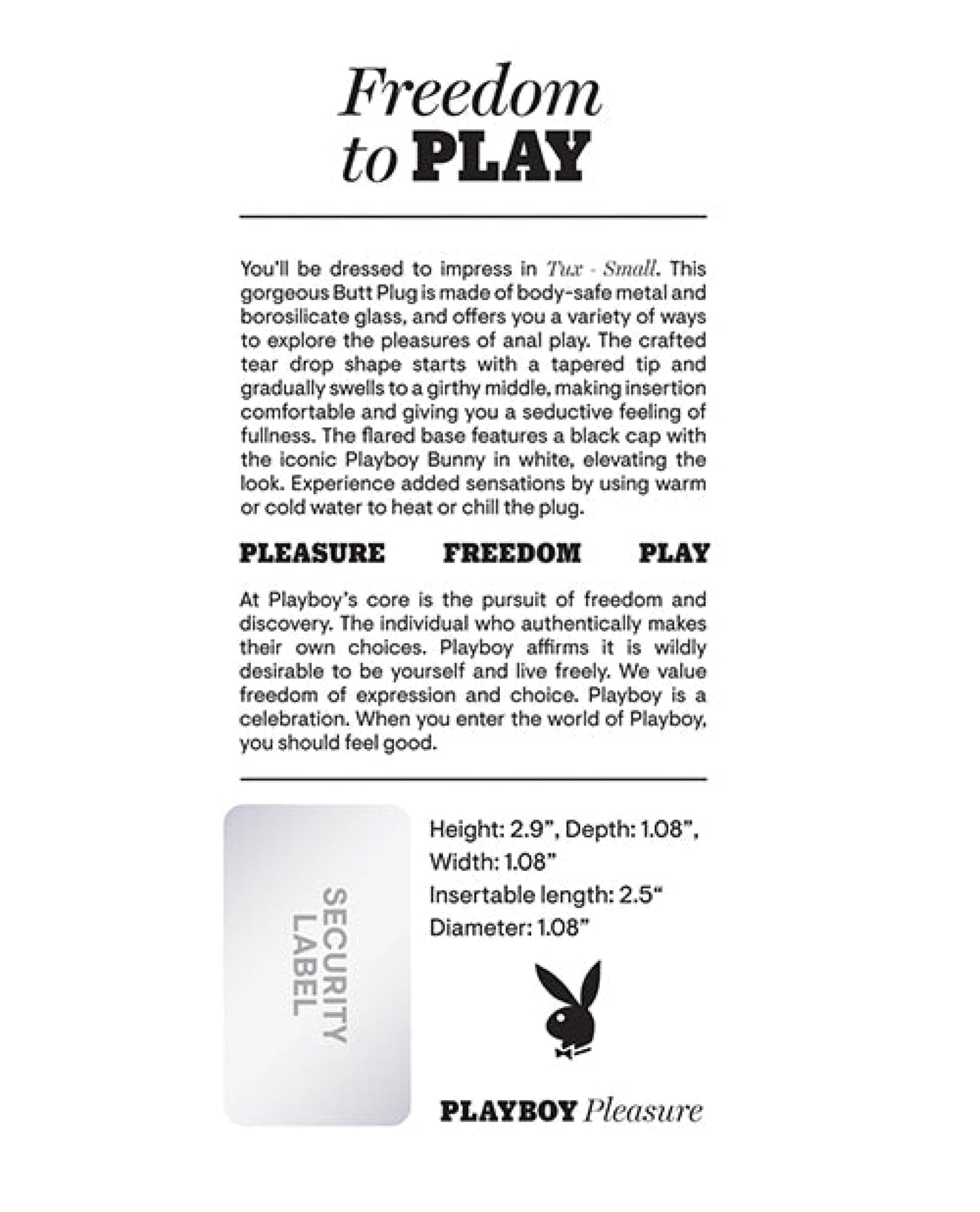 Doll Authority Anal Products Playboy Pleasure Tux Butt Plug