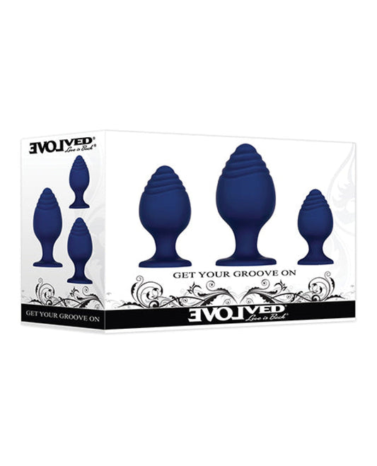 Doll Authority Anal Products Evolved Get Your Groove On 3 Pc Silicone Anal Plug Set - Blue