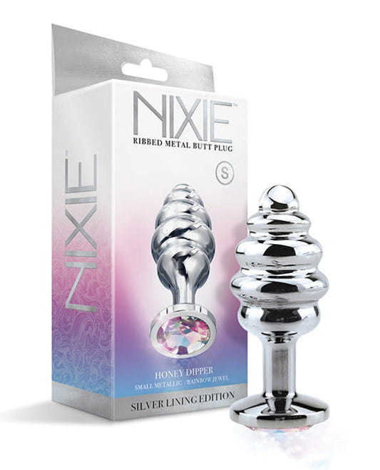 Doll Authority Anal Products Small Nixie Honey Dipper Ribbed Metal Rainbow Jeweled Butt Plug