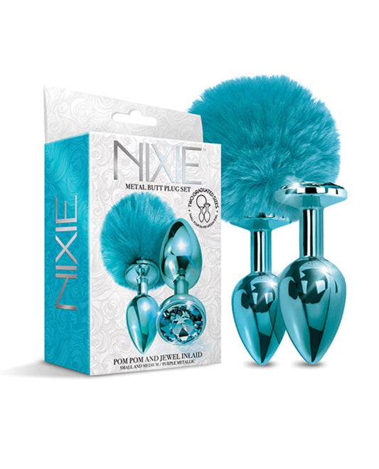 Doll Authority Anal Products Blue Metallic Nixie Metal Butt Plug Set W/jewel Inlaid & Pom Pom