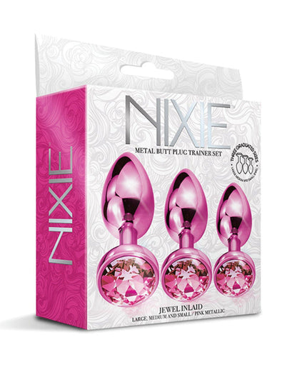 Doll Authority Anal Products Pink Metallic Nixie Metal Butt Plug Trainer Set W/inlaid Jewel