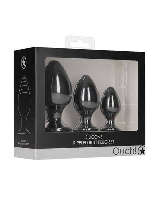 Doll Authority Anal Products Shots Ouch Rippled Butt Plug Set - Black