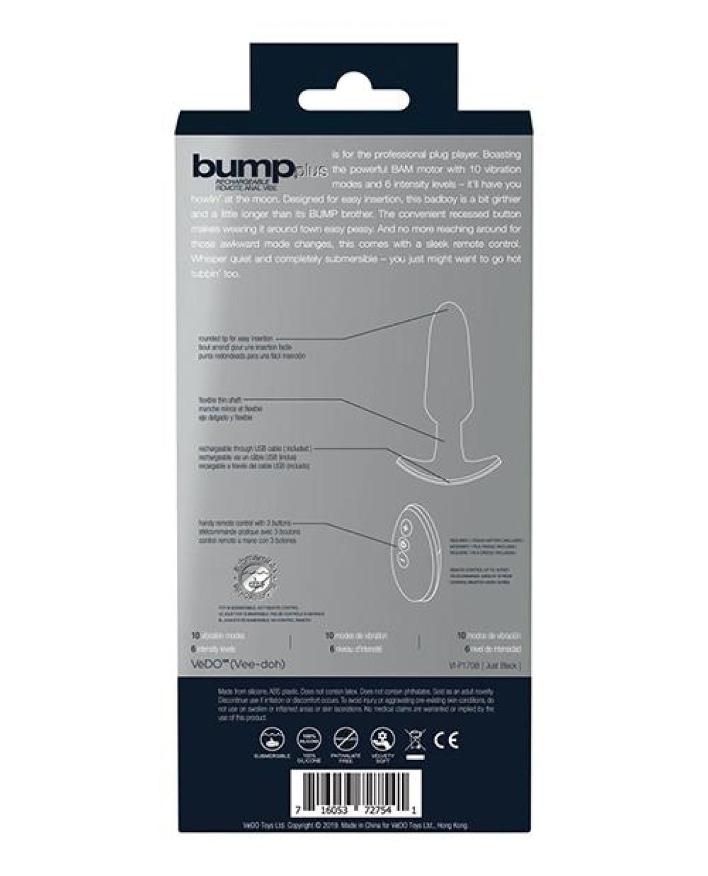 Doll Authority Anal Products Vedo Bump Plus Rechargeable Remote Control Anal Vibe - Just Black