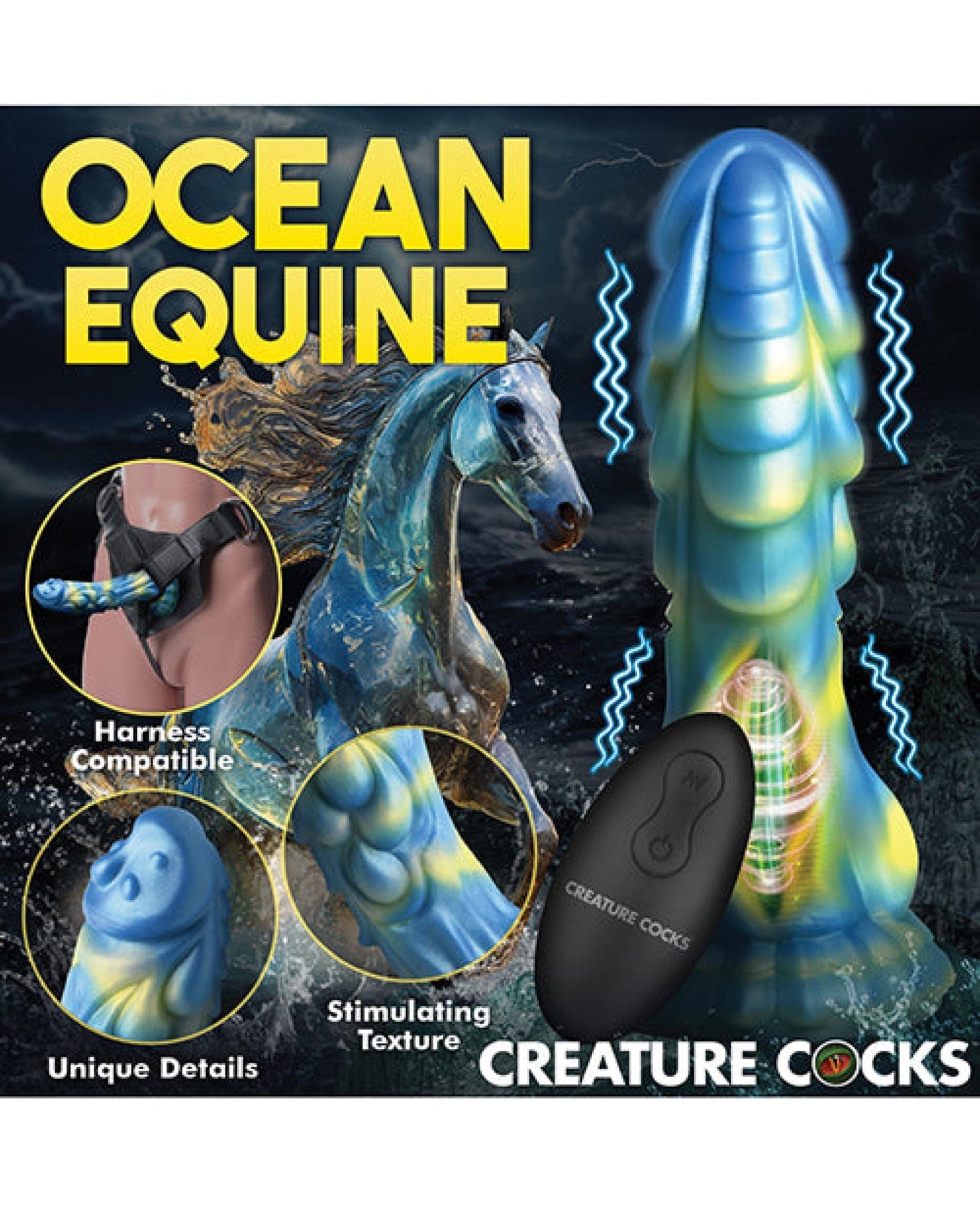Doll Authority Dongs & Dildos Creature Cocks  Sea Stallion Vibrating Dildo w/ Remote - Blue/Yellow