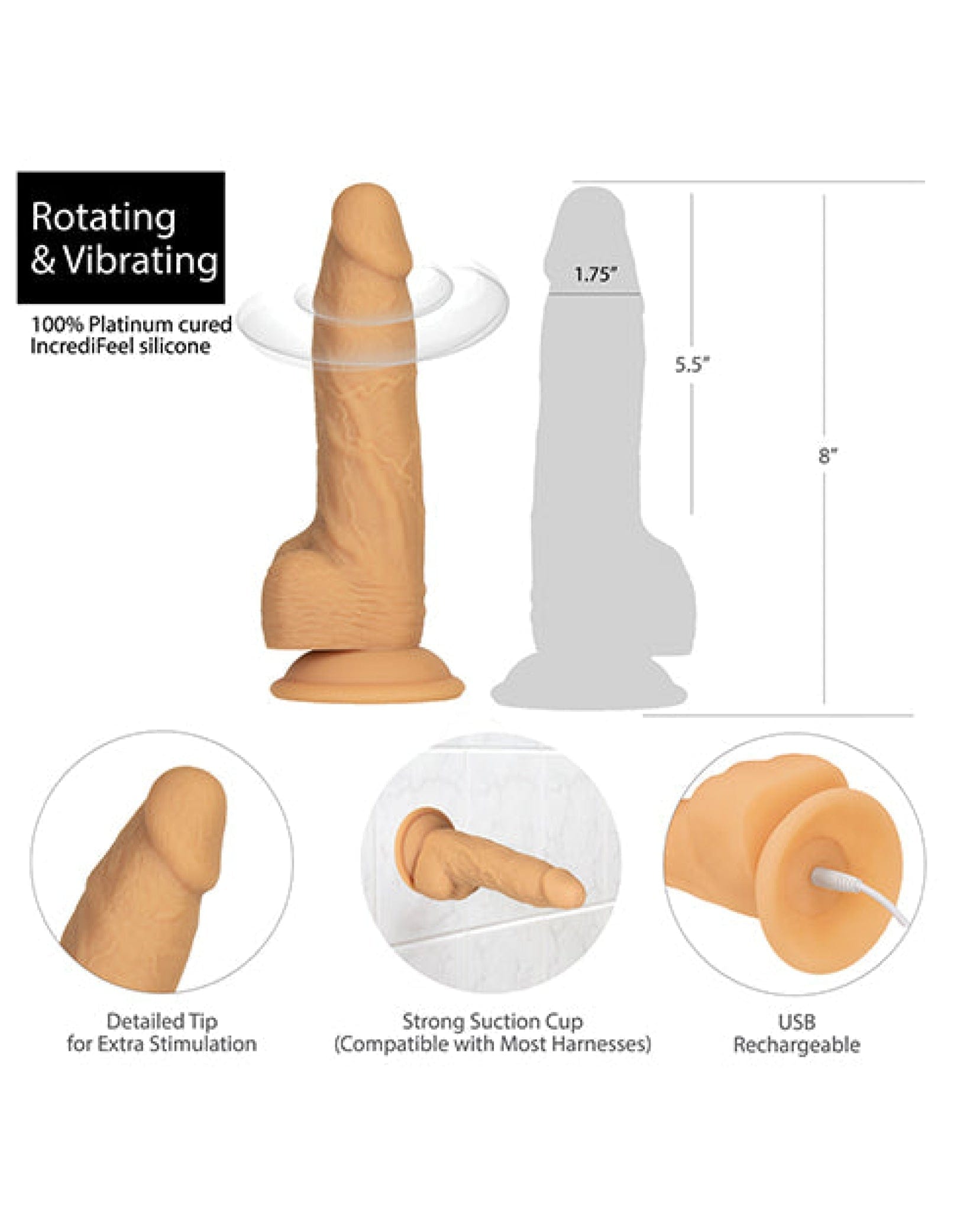 Doll Authority Dongs & Dildos Naked Addiction 8" Rotating & Vibrating Dong W-remote - Caramel