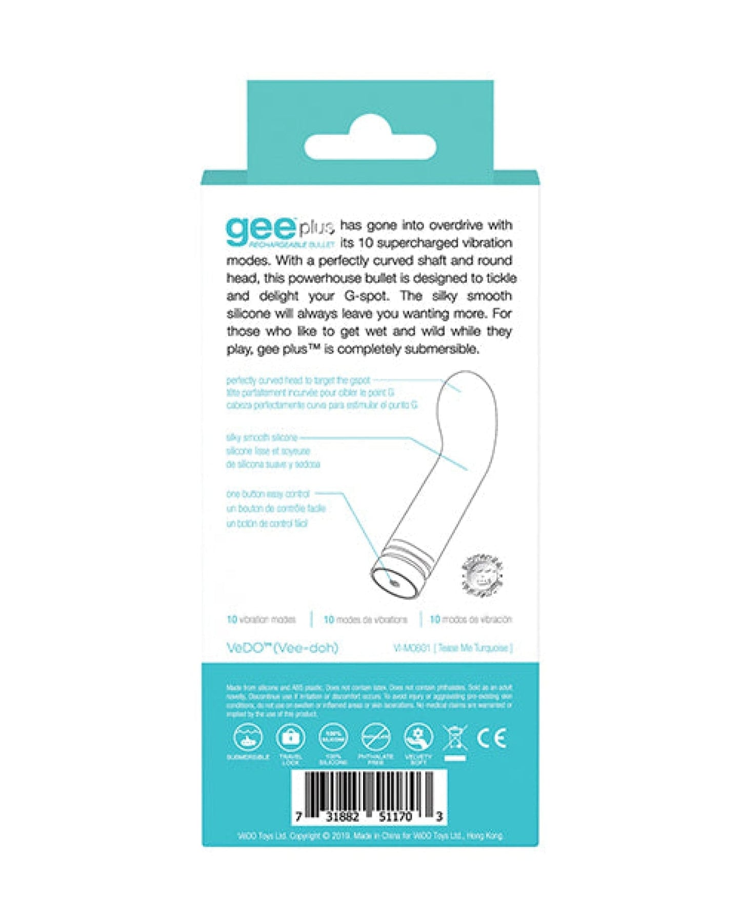Doll Authority Vibrators Vedo Gee Plus Rechargeable Vibe - Tease Me Turquoise