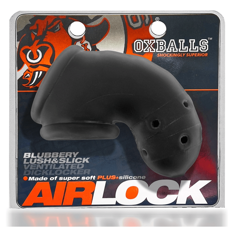 OXBALLS BDSM AIRLOCK, air-lite vented chastity, BLACK ICE